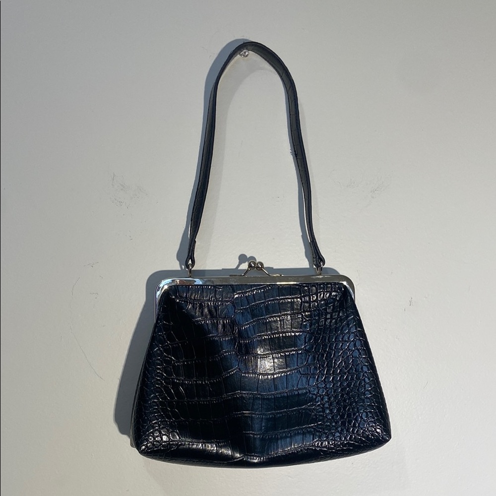 Vintage Black Crocodile-Embossed Frame Handbag